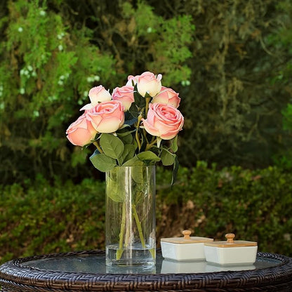 ENOVA FLORAL 9 Heads Silk Rose Artificial Flowers in Vase,Faux Rose Flowers Arrangement in Vase with Faux Water for Table Decor Centerpieces (Dark Pink)