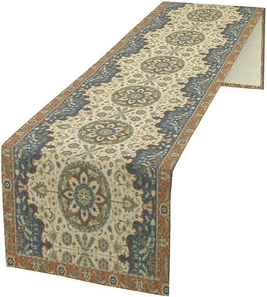 Boho Bohemian Table Tunner, Vintage Neutral Traditional Mandala Floral Blue Beige Medallion Table Runner for Kitchen Dining Outdoor Indoor Home Decor, 13x60 Inch