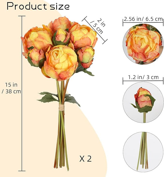 IPOPU Orange Flowers 2 Bouquets Faux Peonies Flowers Look Real 14PCS Artificial Peonies Silk Faux Flowers for Vase for Coffee Table Decor Wedding Decorations Burnt Orange Decor