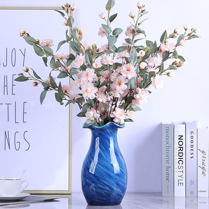 10.6in Hand Blown Blue Glass Vase – Wide Mouth Murano Bubble Art Glass Vase, Cobalt Blue Flower Vase for Coastal, Vintage, Colorful Home Decor, Vase Gift for Mom or Display (Blue)
