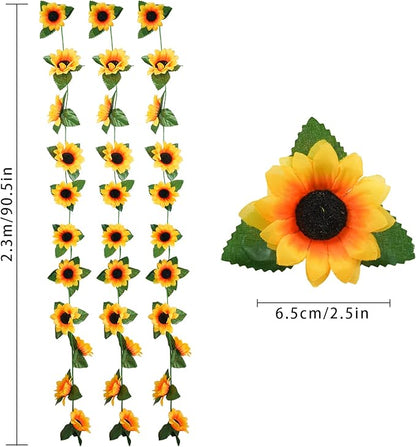 Uieke 3 Pack 7.5ft/Pcs Artificial Sunflower Garland Hanging Sunflower Vines with Green Leaves,Silk Flowers for Home Room Kitchen Garden Wedding Arch Bridal Baby Shower Party Outdoor Decor Medium