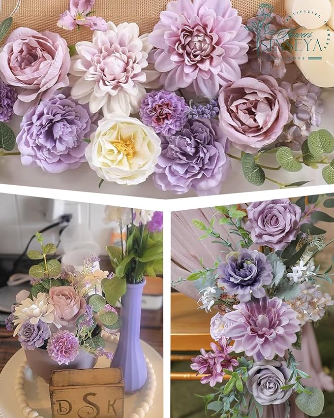 Senseya Artificial Flowers Combo Set, Purple Silk Roses, Peonies, Dahlias with Stems for DIY Wedding Bouquets, Baby Shower, Table Centerpieces, Home Decor, Fake Floral Arrangements, Party Decorations