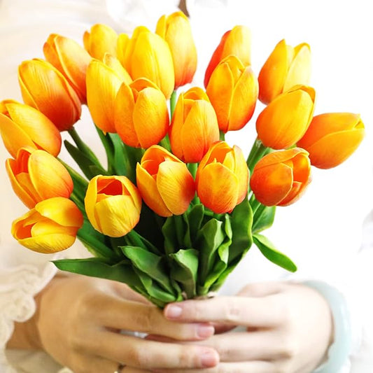 30 Pcs Fake Latex Tulips Artificial Flowers Faux Tulip Stems Real Touch Tulips for Wedding Party Home Decoration (Sunset)