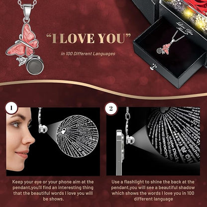 DRTINA Preserved Red Real Rose with I Love You Butterfly Necklace-Eternal Flowers Rose Birthday Gifts for Women Wife Mom Girlfriend Grandma on Mothers Day Valentines Anniversary Christmas Romantic