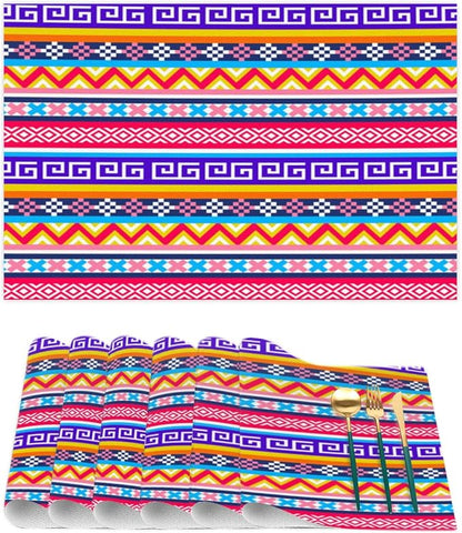 Aztec Rainbow Western Placemats Set of 6 PVC Vinyl Non Slip Table Mats Waterproof Heat Resistant Place Mats Washable Wipeable Dining Table Mat for Kitchen Party Indoor Outdoor Decorative