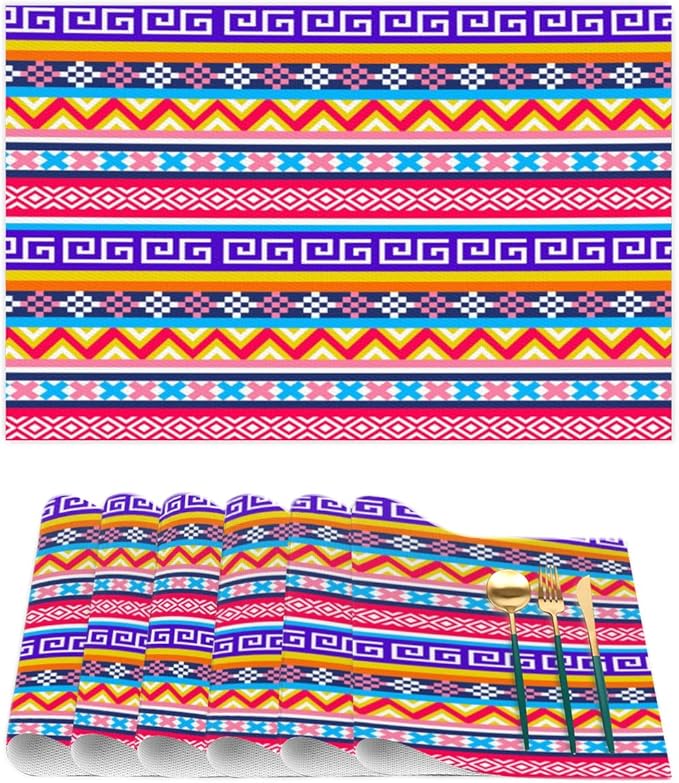 Aztec Rainbow Western Placemats Set of 1 PVC Vinyl Non Slip Table Mats Waterproof Heat Resistant Place Mats Washable Wipeable Dining Table Mat for Kitchen Party Indoor Outdoor Decorative