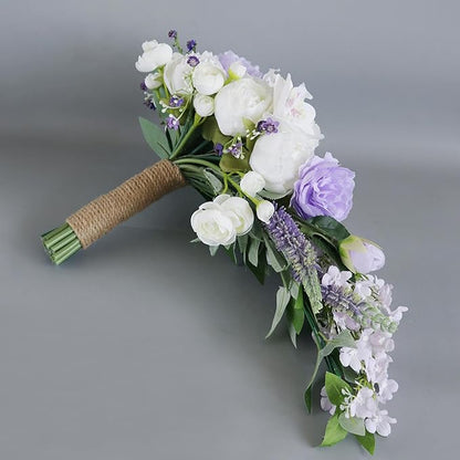 Cascading Bouquets for Bride, White and Purple Water Drop Waterfall Artificial Flowers Roses Bridal Bouquet for Wedding Ceremony Anniversary Party Bridal Shower Decoration