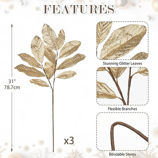Champagne Christmas Glitter Magnolia Leaves Spray, 31inch Christmas Tree Picks and Sprays, Artificial Glitter Stem Ornaments for Christmas Tree Garland Wreath Centerpiece, 3PCS