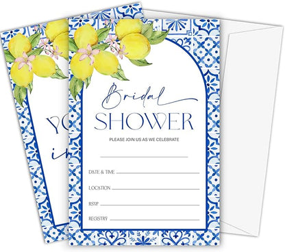 Mediterranean Lemon Bridal Shower Invitations, Set of 25 Lemon Italian Blue Tiles Bridal Shower Invites with Envelopes for Engagement Wedding Party-A11