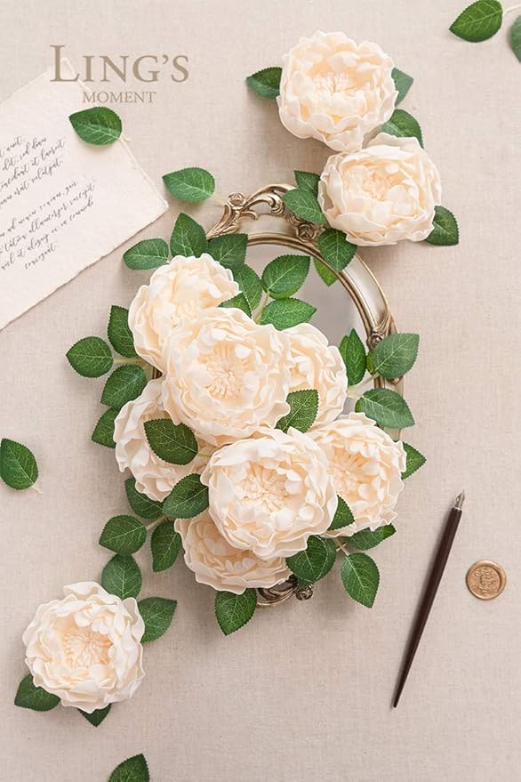 Ling's moment Flowers 16pcs Cream Blooming Peonies Artificial Flowers with Stem, Artificial Peony Flowers for DIY Wedding Decorations Centerpieces Bouquets Boutonnieres