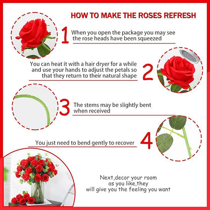 50PCS Artificial Silk Roses Flowers – Realistic Fake Roses in Bulk & Bouquet Long Stem Red Rose for Wedding Centerpieces, Home Decor, Floral Arrangements, Party Decoration (Red)