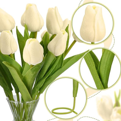 Janinka 100pcs Artificial Tulip Flowers Fake PU Tulips Faux Latex Bouquet Flower Centerpieces Arrangement Floral for Mother Day Wedding Spring Decorations (Milk White)