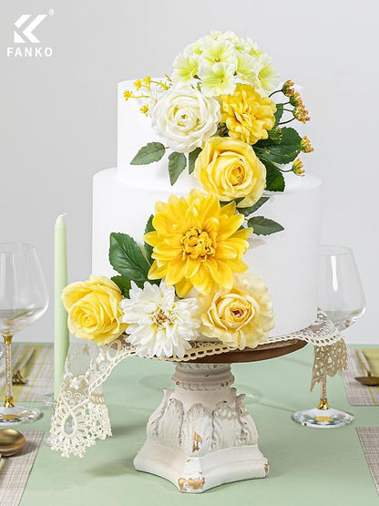 FANKO Artificial Flowers Yellow Rose, Mixed Fake Silk Flowers Combo Cream White Rose Yellow Dahlia Spring Assorted Blooms for DIY Wedding Bridal Bouquets/Centerpieces/Home Decor