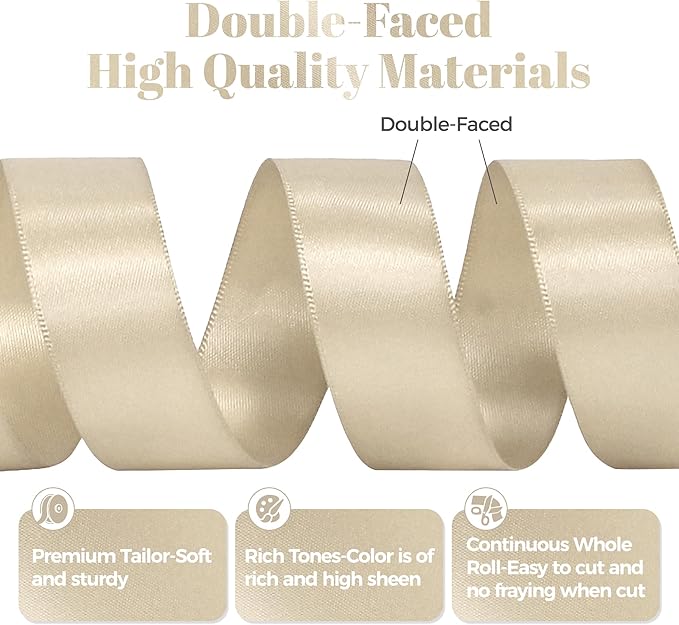 Beige Satin Ribbon, Double Faced 7/8 Inch X 50 Yards Beige Ribbon, Premium Satin Ribbon for Gift Wrapping, Crafts, Hair Bow Making, Sewing, Flower Bouquet, Wedding Party Decor
