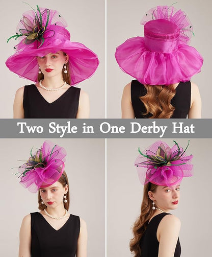 Organza Derby Hats for Women Wide Brim Fascinator Hat Rose Flower Wedding Tea Party Hat