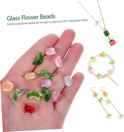 NUOBESTY 80Pcs Tulip Flower Glass Beads Kit Colorful Translucent Crystals for DIY Jewelry Making Bracelets Earrings Charms Craft Accessories