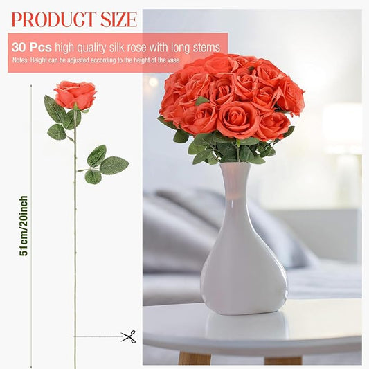 Jexine 60 PCS Artificial Roses Bulk Silk Flowers with Long Stems, Realistic Faux Rose Bouquet for Wedding Centerpieces, Valentine’s Party, Home Decor(Orange)