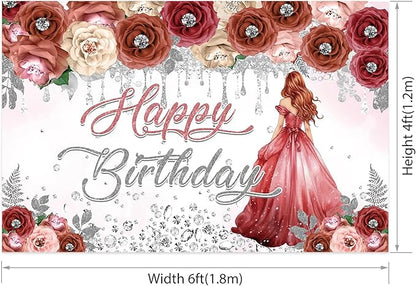 AOFOTO Happy Birthday Backdrop Red Beige Pink Rose Floral Diamond Print Photography Background for Women Girls Birthday Party Banner Home Wall Decor Photo Studio Booth Props 6x4ft