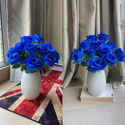 12 PCS Rose Artificial Silk Flowers, Fake Roses with Long Stems Realistic Faux Rose Flower Bouquets for Home Wedding Decoration Party-Sapphire Blue