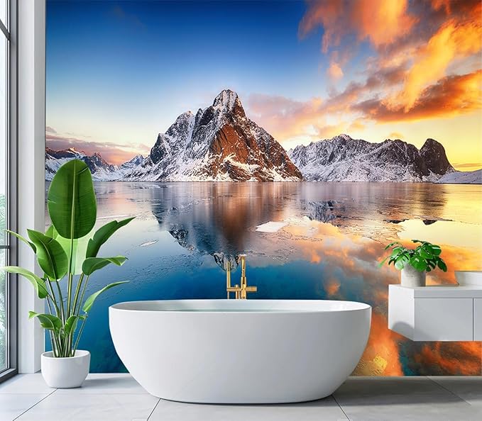 Cliouar-Beautiful Sunrise in Norway - lofotens Mural Wallpaper Peel and Stick 90" x 67"
