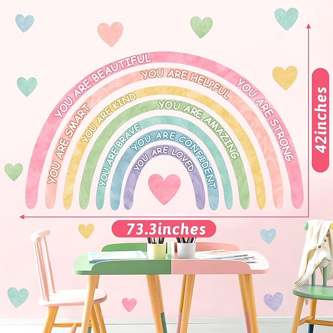 Large Rainbow Wall Stickers Kids Inspirational Wall Decal for Girl Bedroom Peel and Stick Watercolor Rainbow Wall Decals Pastel Pink You are Decor Vinyl Positive Art Murals for Baby Bedroom Playroom