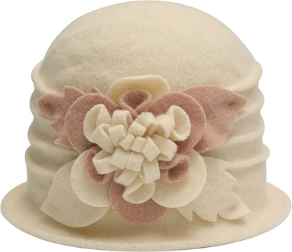 ZLYC Women Wool Cloche Bucket Hat 1920s Vintage Dress Winter Hats with Flower Accent