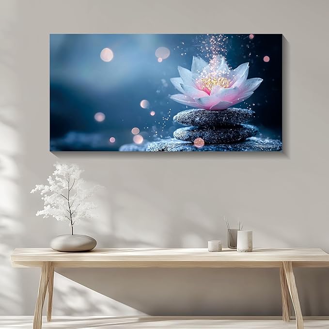 Iallbin Zen Stone Wall Art & Zen Wall Decor, Single Luminous Lotus Flowe Spiritually Uplifting Quality -for Yoga Meditation Room, Spa & Bathroom, Lavender-Pink Art Deco Style, Ready to Hang, 58x29 Inches
