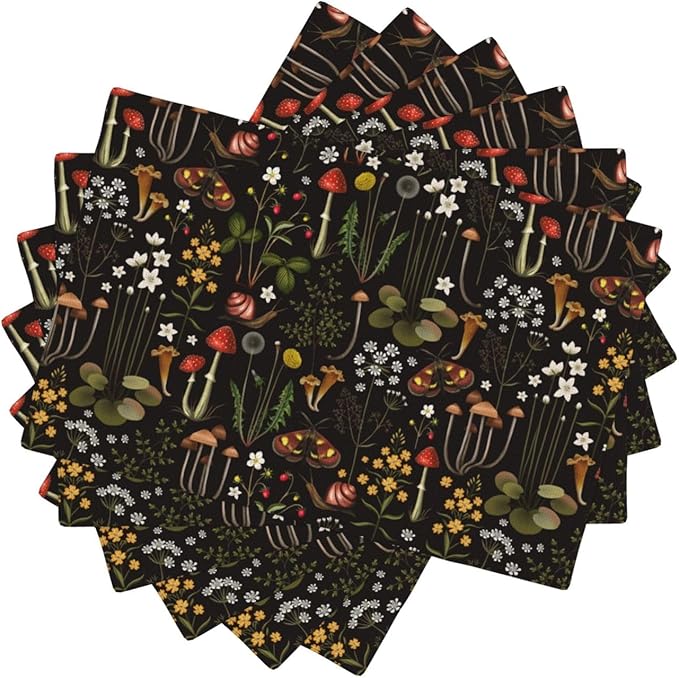 Mushroom Placemats Set of 6,Vintage Forest Moth Table Mats Heat Resistant Washable for Kitchen Dining Table Spring Summer Place Mats Linen 12x18 Inch 6 PCS, Style-4