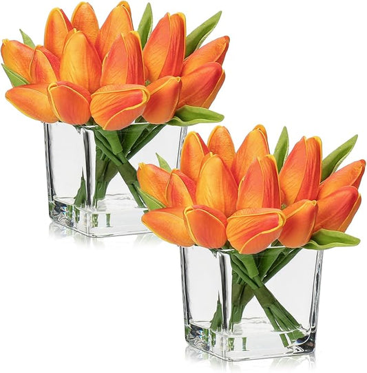 DILATATA Artificial Orange Tulips in Vase with Faux Water 5.5" Real Touch Flowers Fake Tulips Small Flowers Arrangement in Cube Glass Vase for Mother's Day Table Centerpiece Wedding Home Decor 2 Pack