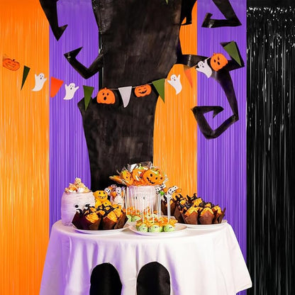 GOER 6.4 ft x 8.2 ft Metallic Tinsel Foil Fringe Party Backdrop for Halloween Birthday Graduation New Year's Party Decorations(2 Packs,Black&Orange&Purple)