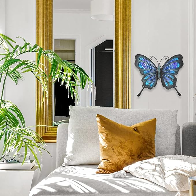 HONGLAND Metal Butterfly Wall Decor Outdoor Indoor Art Sculpture Hanging Glass Decorations Blue for Home Garden Bedroom