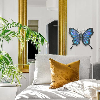HONGLAND Metal Butterfly Wall Decor Outdoor Indoor Art Sculpture Hanging Glass Decorations Blue for Home Garden Bedroom