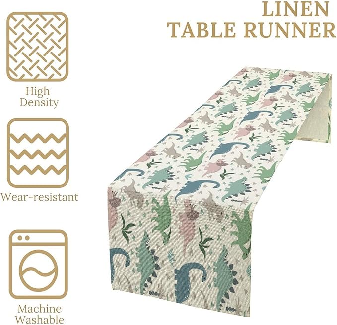Cartoon Dinosaur Table Runner,Kids Boys Cute Colorful Animal Dino Abstract Print Tablecloth Burlap for Hotel Indoors Outdoor Dining Room Kitchen Holiday Party, 13x60in