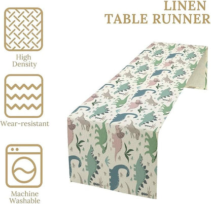 Cartoon Dinosaur Table Runner,Kids Boys Cute Colorful Animal Dino Abstract Print Tablecloth Burlap for Hotel Indoors Outdoor Dining Room Kitchen Holiday Party, 13x60in