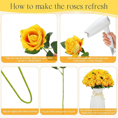 Jexine 50 Pcs Artificial Rose Flower Bulk Realistic Silk Fake Roses with Long Stem Plastic Artificial Flower Bouquet Real Looking for Home Wedding Centerpieces Party Decoration(Yellow)