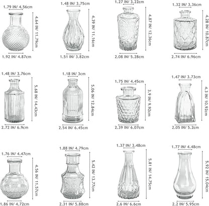 Glass Bud Vases Set of 12, Clear Small Vases for Flowers, Bulk Glass Vase for Centerpieces, Vintage Embossed Flower Vase for Wedding Table Decoration, Home, Cocktail Party