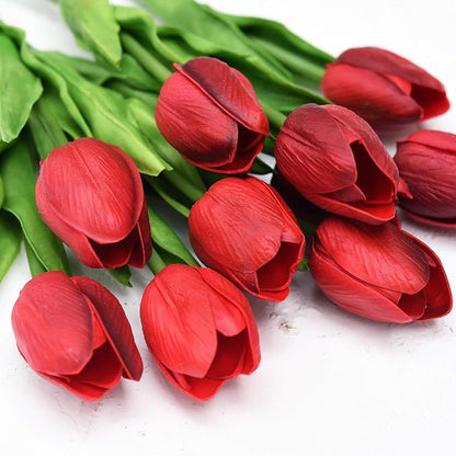 FiveSeasonStuff Real Touch Tulips Artificial Flowers – 15 Stems Faux Tulip Bouquet in Gift Box for Wedding, Home Decor, Party, Floral Arrangements (Currant Red)