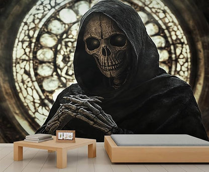 Gothic Skeleton Wall Mural, Dark Fantasy Skull 3D Wall Murals, Medieval Gothic Wallpaper Mural, for Living Room Bedroom Large Wallpaper Indoor Decor 169.3" W x118.2 H