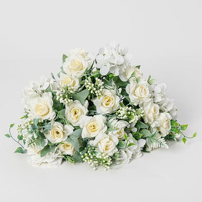 Artificial Flower 5 Branches Artificial Silk Fake Flowers Bouquet Small Roses for Wedding Home Office Tables Decor 4 Packs(White)