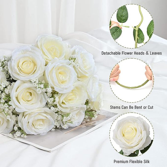 Waipfaru 20 Pcs Fake White Roses Babys Breath Artificial Flowers Bulk, Silk White Rose Faux Babys Breath with Long Stems for Wedding Bouquet Vase Flower Arrangement