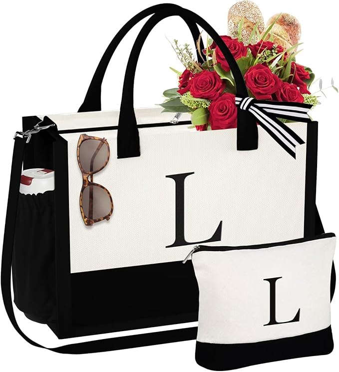 YOOLIFE Christmas Gifts for Women - Initial Tote Bag & Makeup Bag, Womens Christmas Stocking Stuffers Mom Wife Teacher Friend