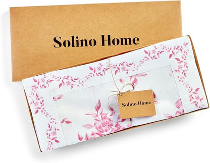 Solino Home Pink Floral Print Table Runner 36 inch - 100% Pure Linen Table Runner 14 x 36 Inch - Handcrafted and Machine Washable - Jolie Fleur Print