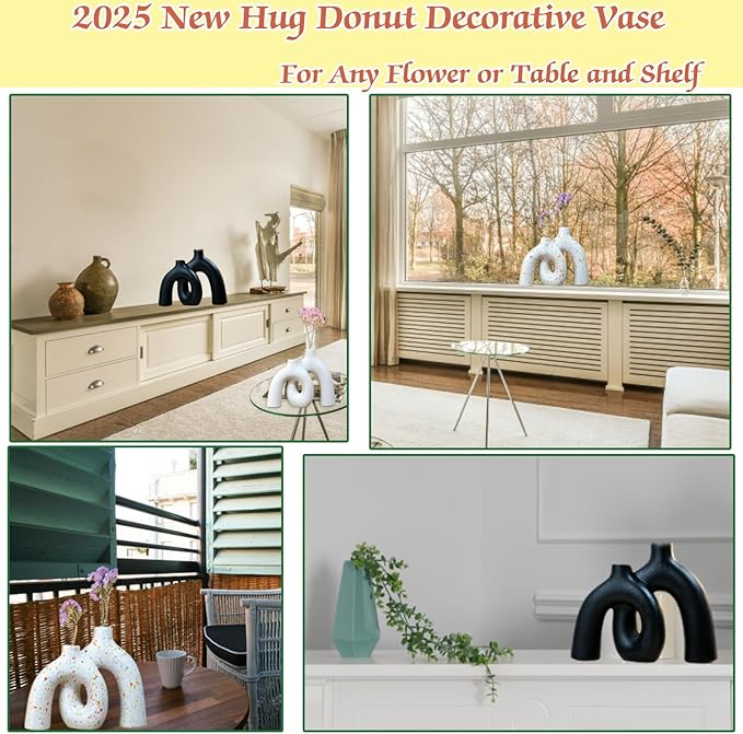 Hug Donut Decorative Vase Set,Minimalist Nordic Boho Style Vases Home Decor,Matte Ceramic Hollow Vase Decorations for Living Room Shelf, Bookshelf Mantle Entryway Table or Console Décor. (White)