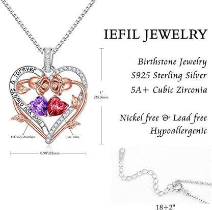 Iefil Rose Heart Double Birthstone Necklace Gifts for Wife Her Mom Women, Birthstone Jewelry Gemstone Birthday Gifts for Girlfriend Grandma Her Wife Women