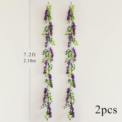 Wisteria Artificial Flowers Garland, 2Pcs Total 14.4ft Silk Faux Wisteria Vine Kit, Hanging Flower Plant for House Outdoor Garden Ceremony Outside Wedding Arch Floral Decor (2, Purple)