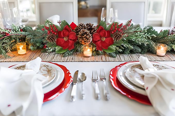 Briful Red Magnolia Christmas Flower Branches, 2 Pack 18.9in Artificial Magnolia Floral Picks and Spray with Pinecones Berries for Xmas Tree Vase Arrangements Decor