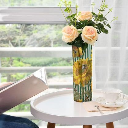 Flower Vase Clear Plastic Cylinder Vases Decor for Centerpieces Home Storage Office Weddings Green Striped Sunflowers and Honey Bees 11.8 x 3.9 in
