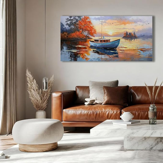 Brushart Ship Wall Art for Living Room, Large Canvas Wall Art Landscape Picture Painting Wall Decor Textured Artwork for Walls Bedroom Home Office 48"x24"
