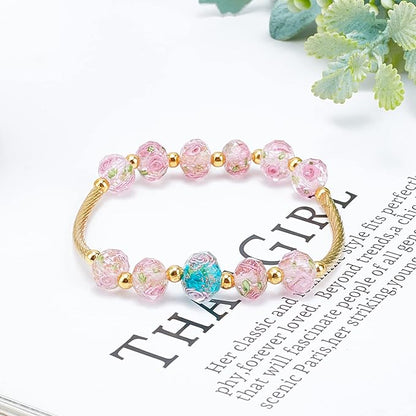 PH PandaHall 60pcs 8~10mm Pink Rose Lampwork Beads Gold Sand Glass Beads Flower Glass Beads 1.5~2mm Hole Floral Handmade Lampwork Beads Round Loose Beads for Rosary Making Jewelry Craft Making