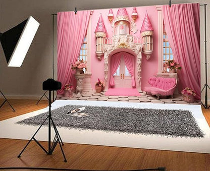 10x6.5ft Pink Princess Castle Backdrop Curtain Window Door Room Interior Background for Photography Sofa Flowers Vases Banner Decorations Girl Kids Birthday Baby Shower Party Photo Booth Props